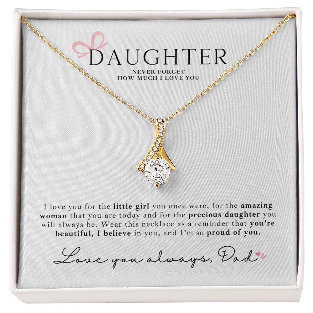 Beautiful gold keepsake necklace for daughters with a heartfelt message card from dad that says how proud you are.