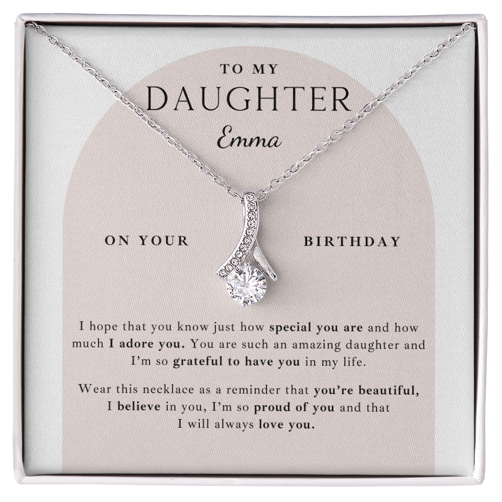 Necklace gift to daughter from mom, birthday gift message card, personalized with daughters name. 