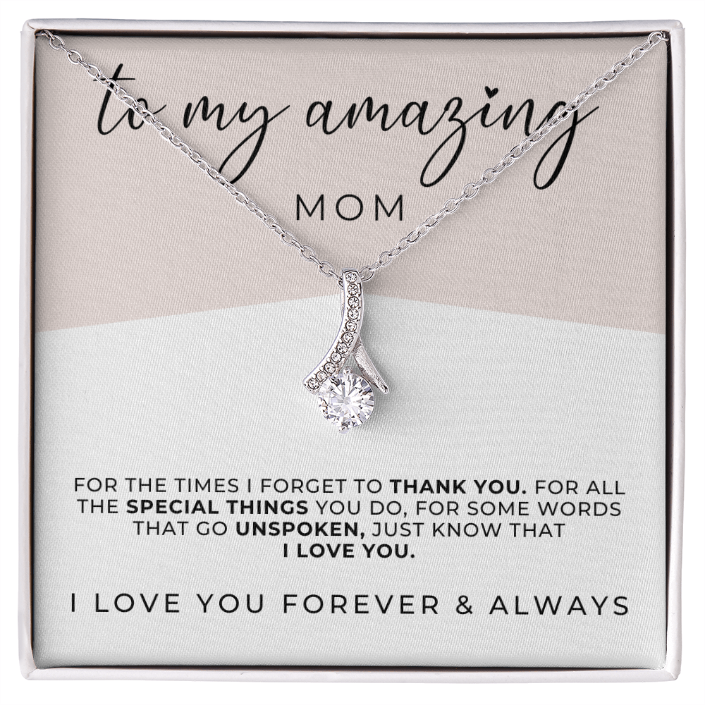 necklace gift for mom with message card to show love, white gold, cubic zirconia pendant.