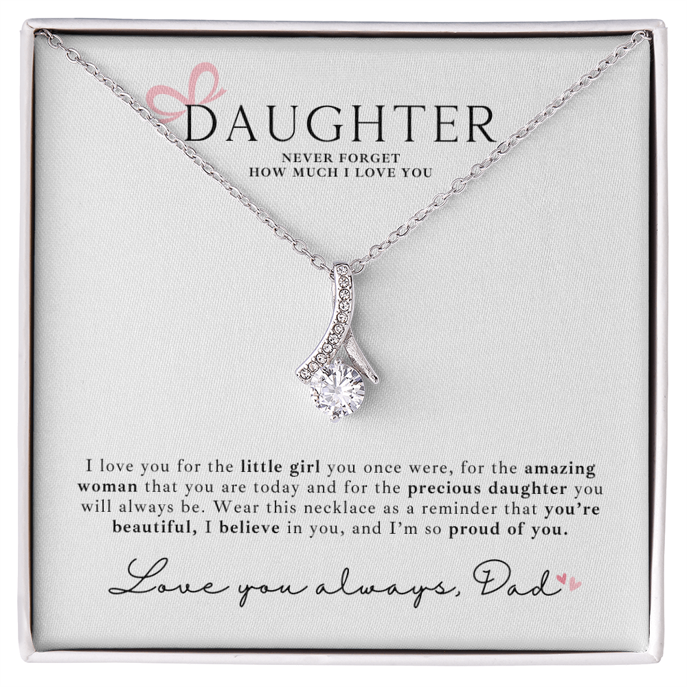 Beautiful white gold keepsake necklace for daughters with a heartfelt message card from dad that says how proud you are.