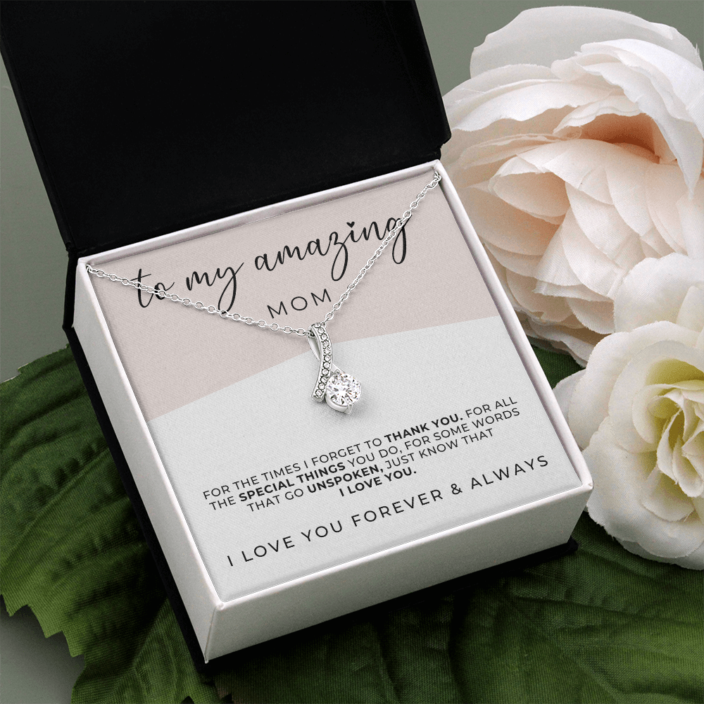 White gold necklace for mom from daughter or son. with a message card included that says to my amazing mom