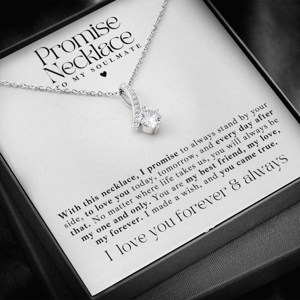 White gold Ribbon promise necklace for her on anniversary, birthday, or Valentine’s Day.