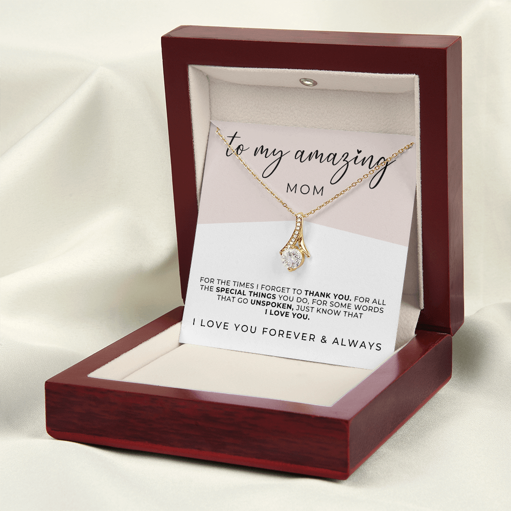 gold necklace in wooden box with loving message card, jewelry gift for mom