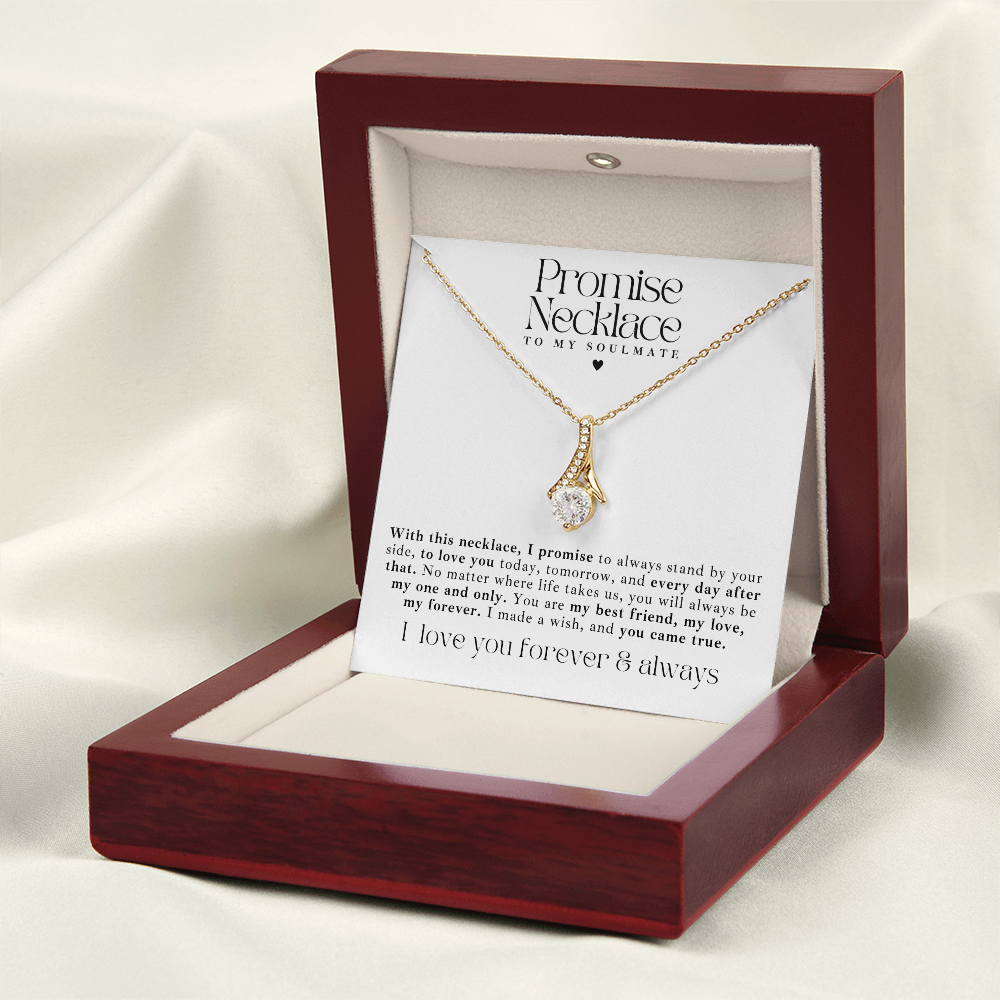 gold Ribbon promise necklace for her on anniversary, birthday, or Valentine’s Day. In a luxury light up gift box, with a message card that says to my soulmate