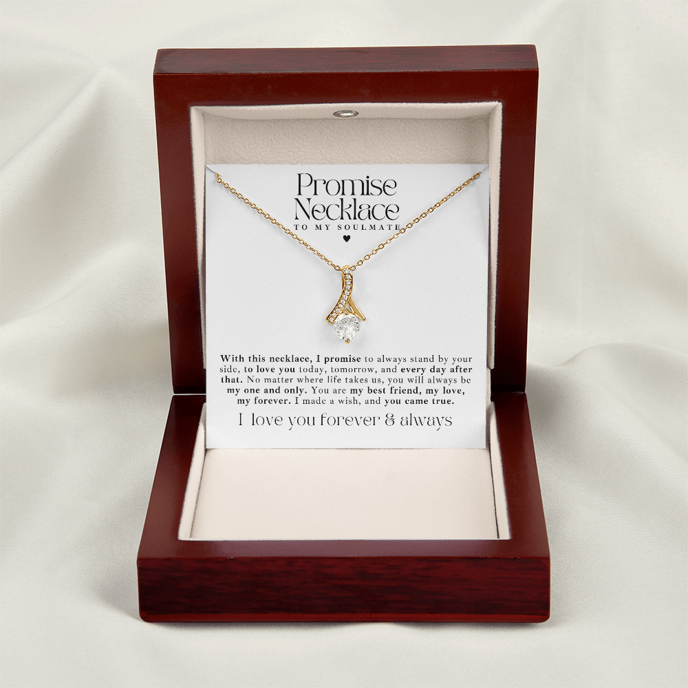 18k gold Ribbon promise necklace for her. In a luxury light up gift box, with a message card that says to my soulmate