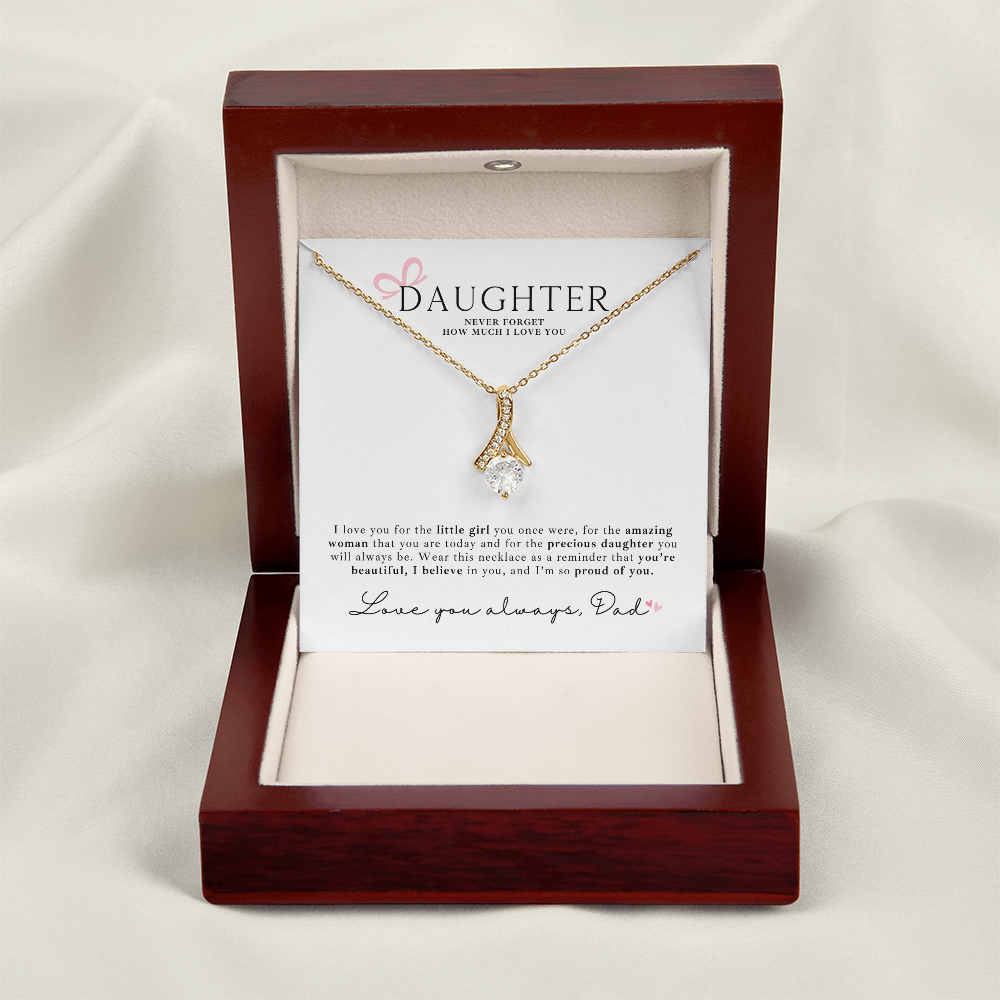 Beautiful keepsake gold necklace for daughters with a heartfelt message card from dad that says how proud you are. Comes in luxury gift box.