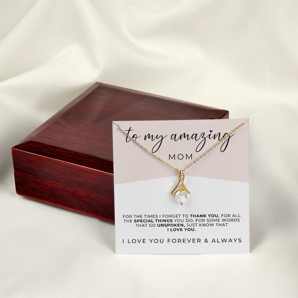 gold necklace for mom in a luxury wooden gift box with message card on show.