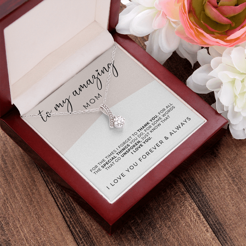 white gold mother necklace inside luxury box with a sweet message card to my amazing mom inside.