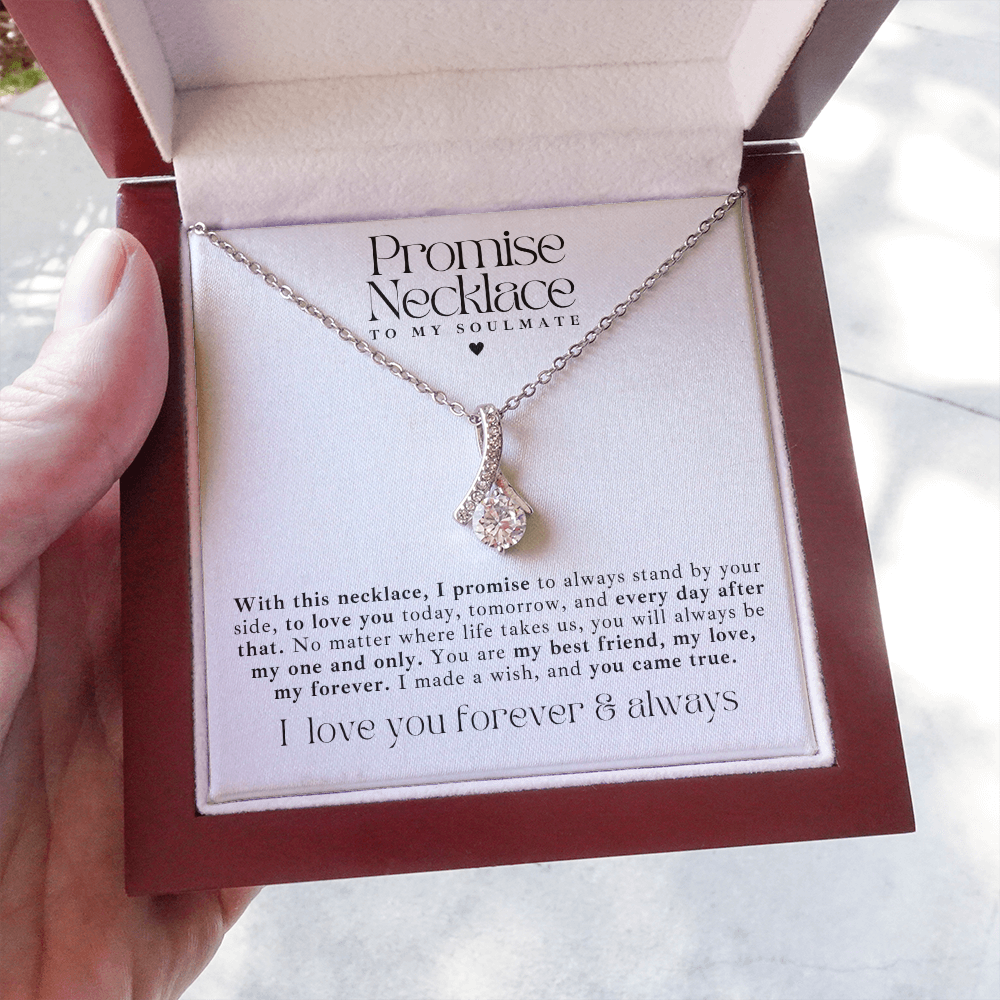 White gold Ribbon promise necklace for her on anniversary, birthday, or Valentine’s Day. In a luxury light up gift box, with a message card that says to my soulmate