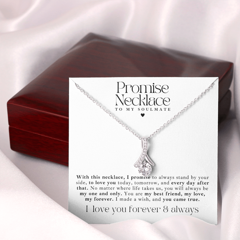 White gold Ribbon promise necklace for her on anniversary, birthday, or Valentine’s Day. In a luxury light up gift box, with a message card that says to my soulmate