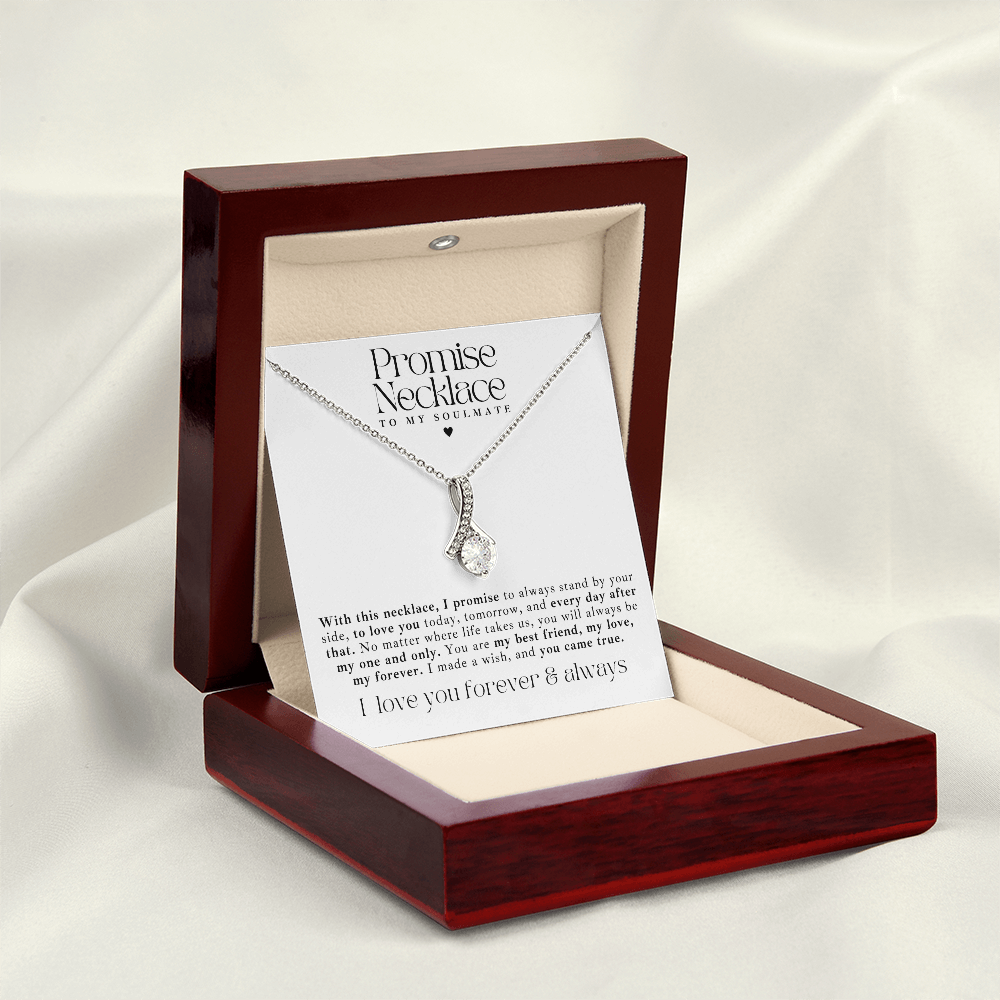 White gold Ribbon promise necklace for her on anniversary, birthday, or Valentine’s Day. In a luxury light up gift box, with a message card that says to my soulmate. 