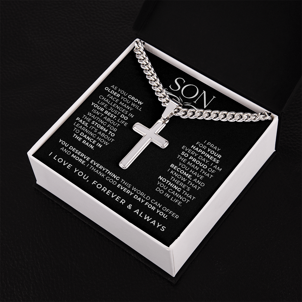 to my son cross necklace, engraved with your words, and a message card included inside the gift box.