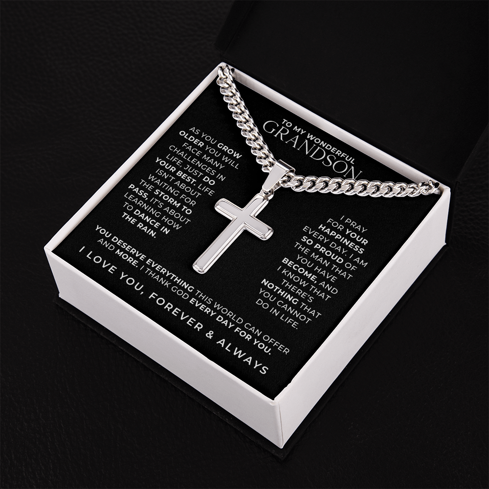 to my wonderful grandson cross necklace with engraved message from grandma or grandad.