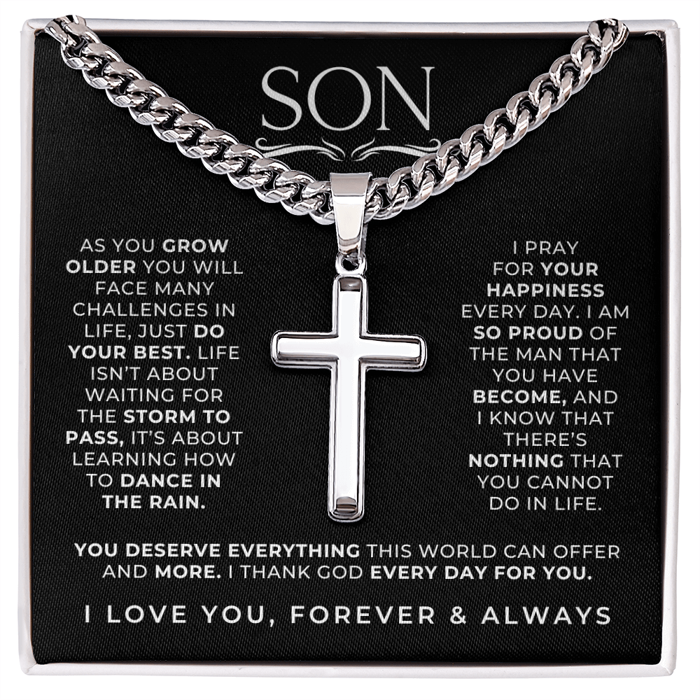 Stainless steel engraved cross necklace for son with message card inside gift box