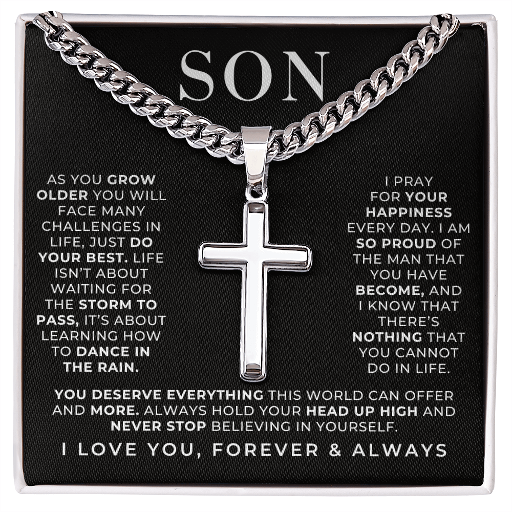 steel cross gift for your son, with message from mom or dad inside box