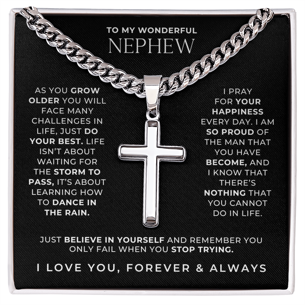 meaningful gift for nephew, steel cross chain necklace, engraved with your own message with a loving message card in the box.