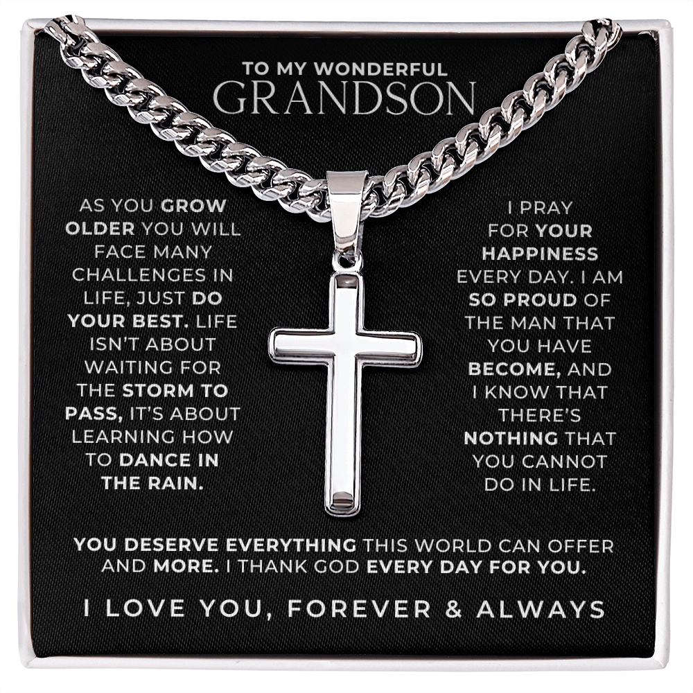 meaningful gift for grandsons, stainless steel cross necklace with message card.