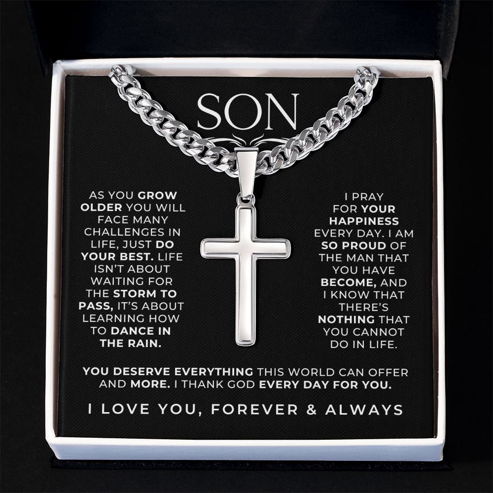 Engraved cross necklace gift for son. with a faith inspired message inside the gift box.