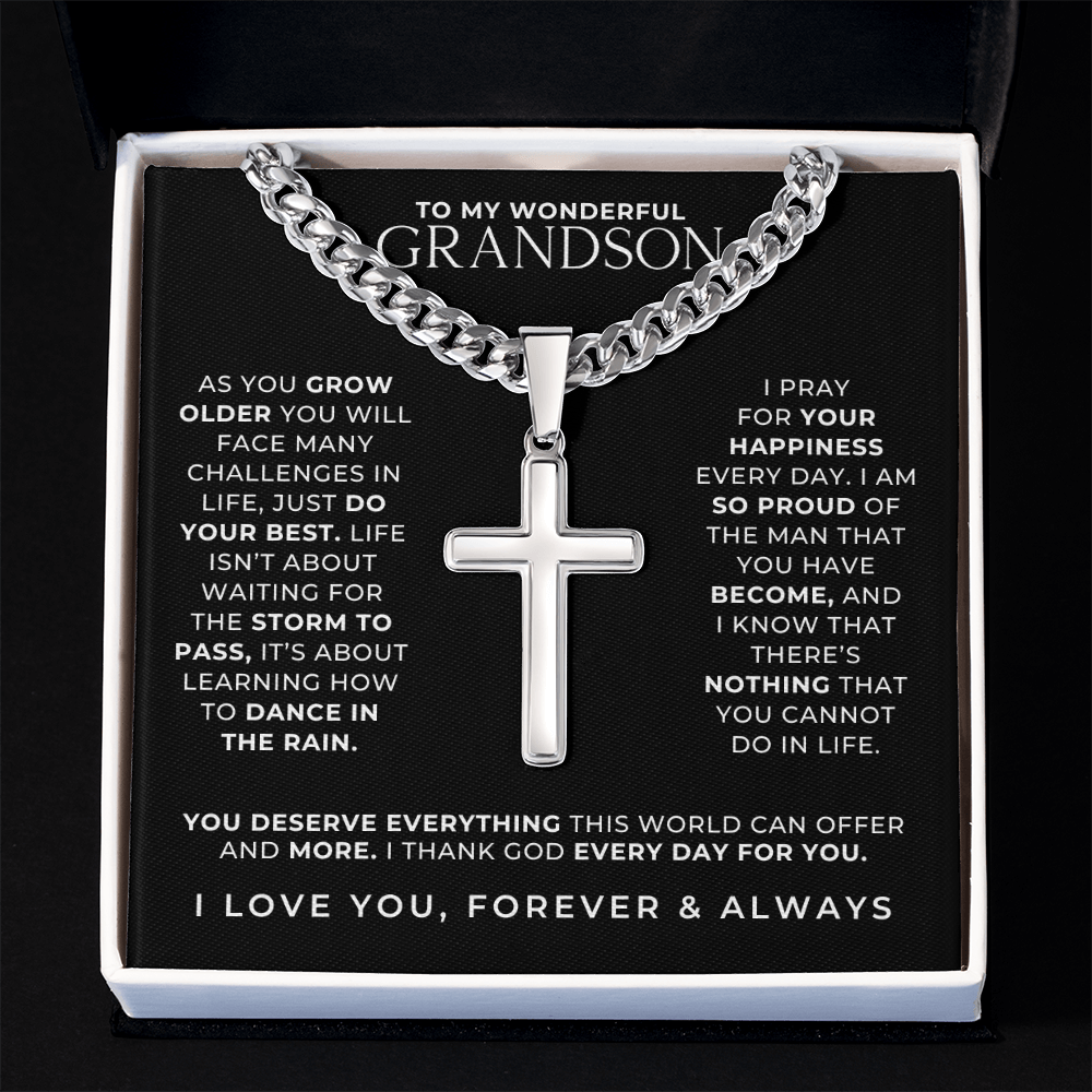 A special gift for your grandson, faith inspired cross necklace with message card.