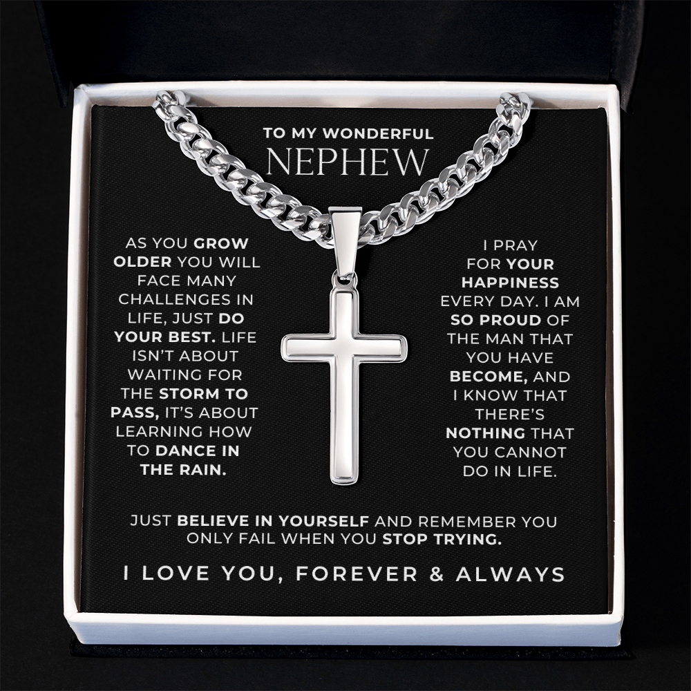 stainless steel cross necklace for nephew, with faith inspired message card. 