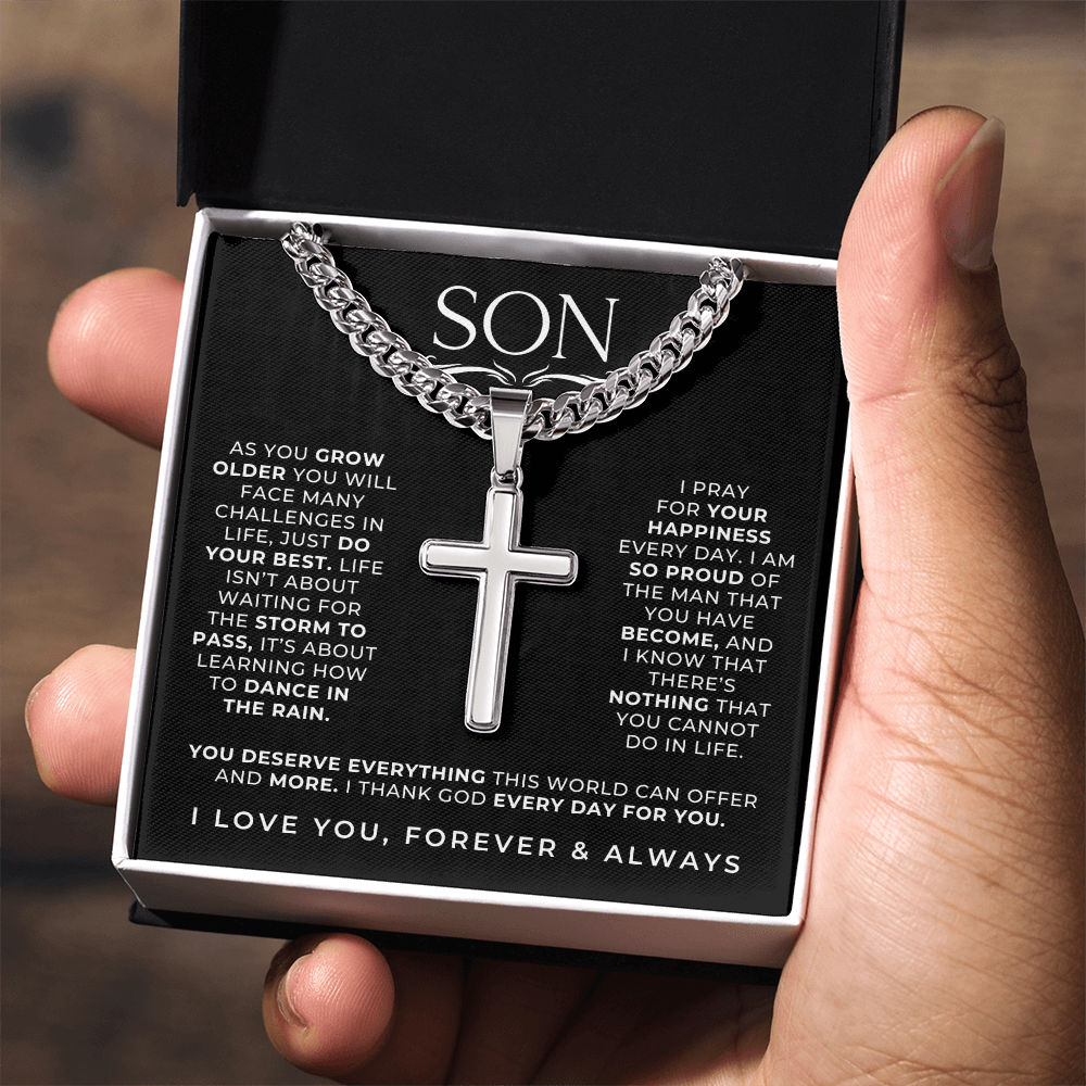 Faith-inspired cross necklace gift for sons, with a loving prayer message to your son.