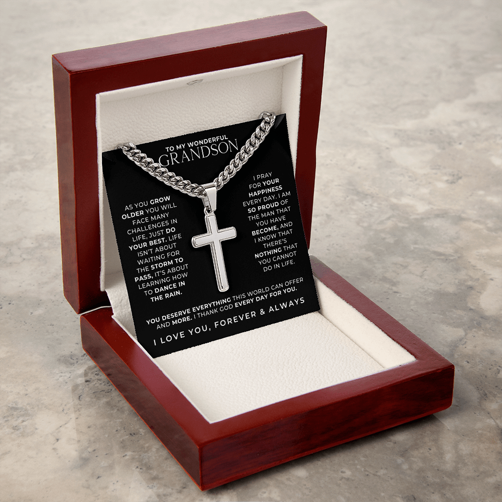 Stainless steel, engraved cross necklace for grandson inside luxury wooden box.