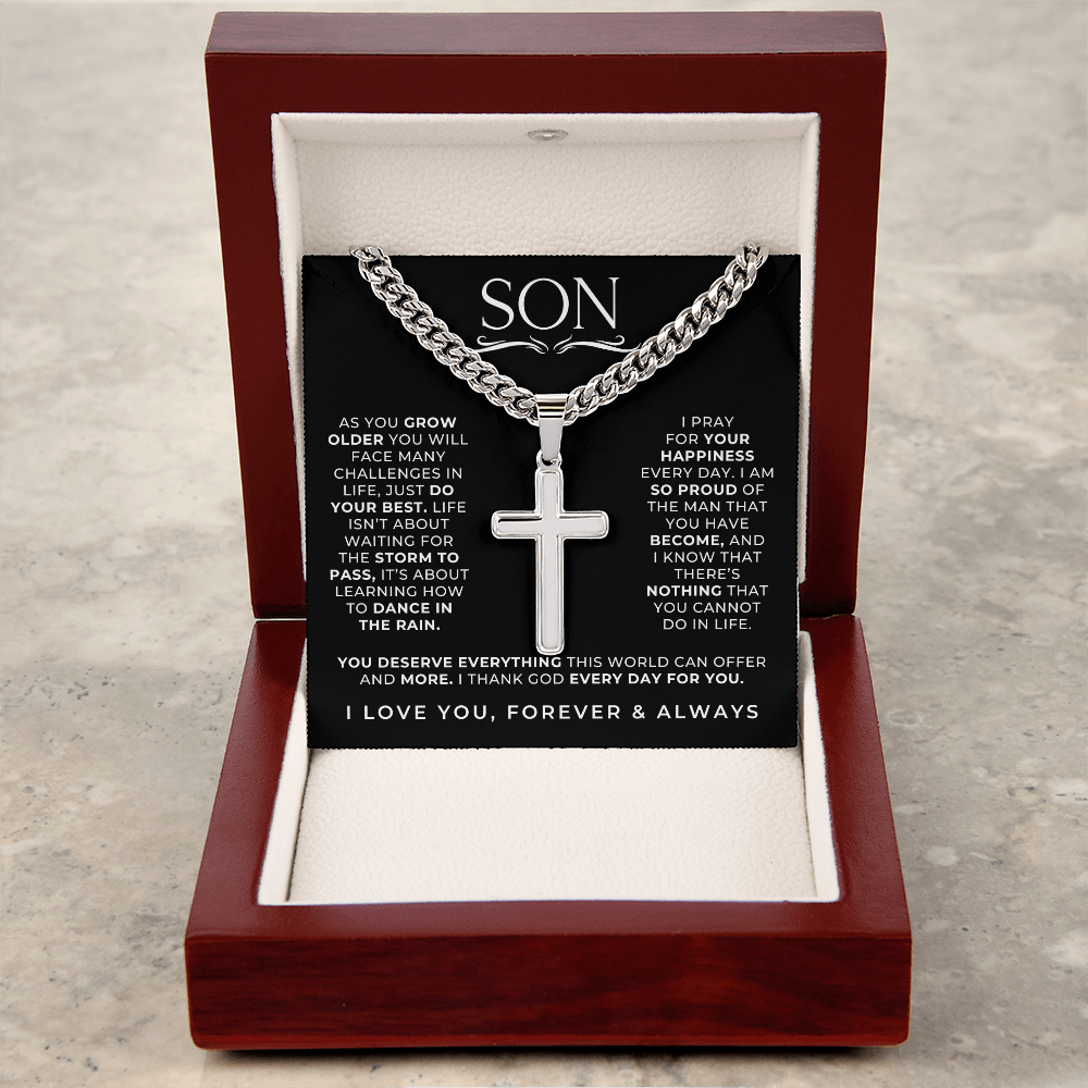 Steel cross chain necklace gift with a faith inspired message for sons inside the light up gift box.