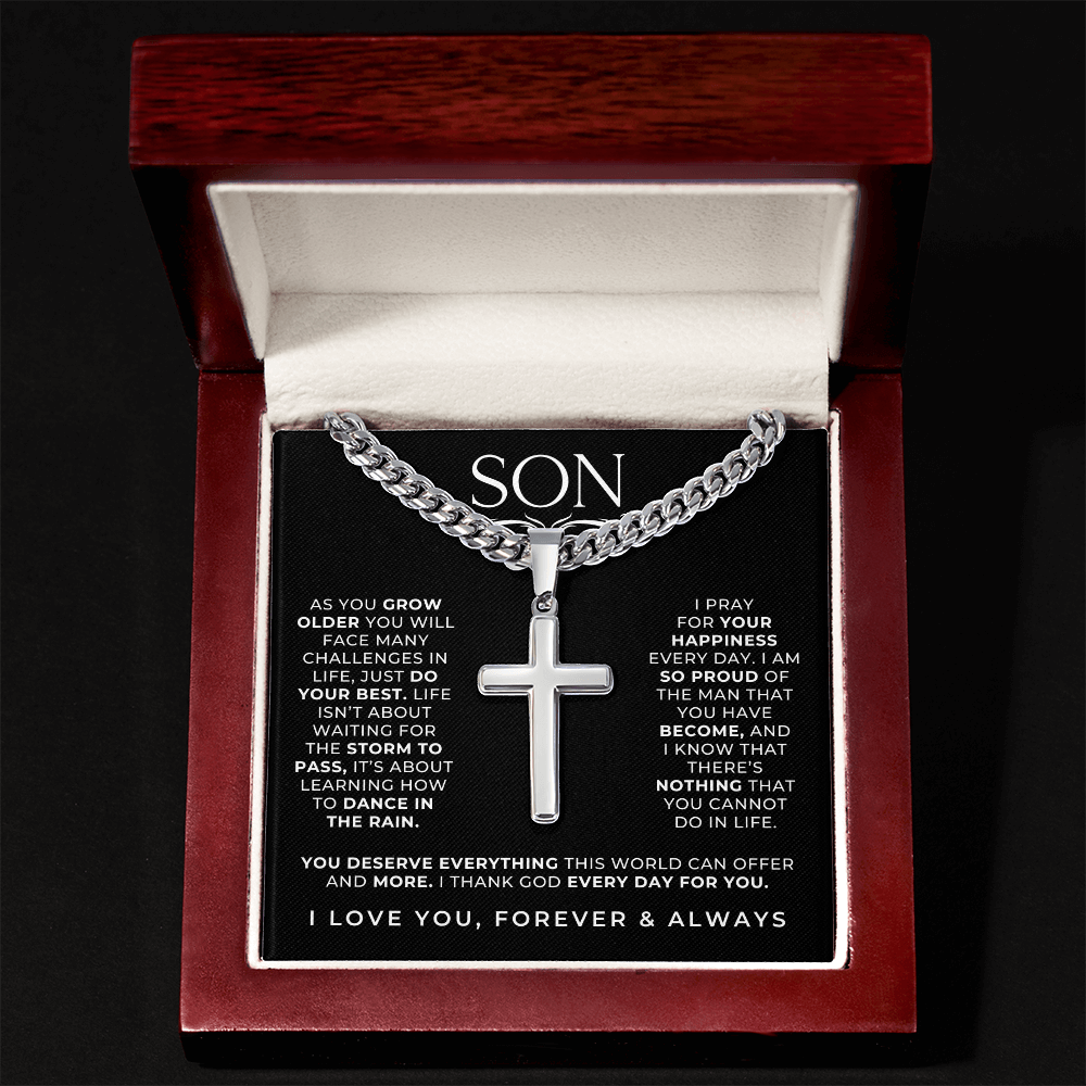 Stainless steel cross with a message card inside a lucury wooden gift box.