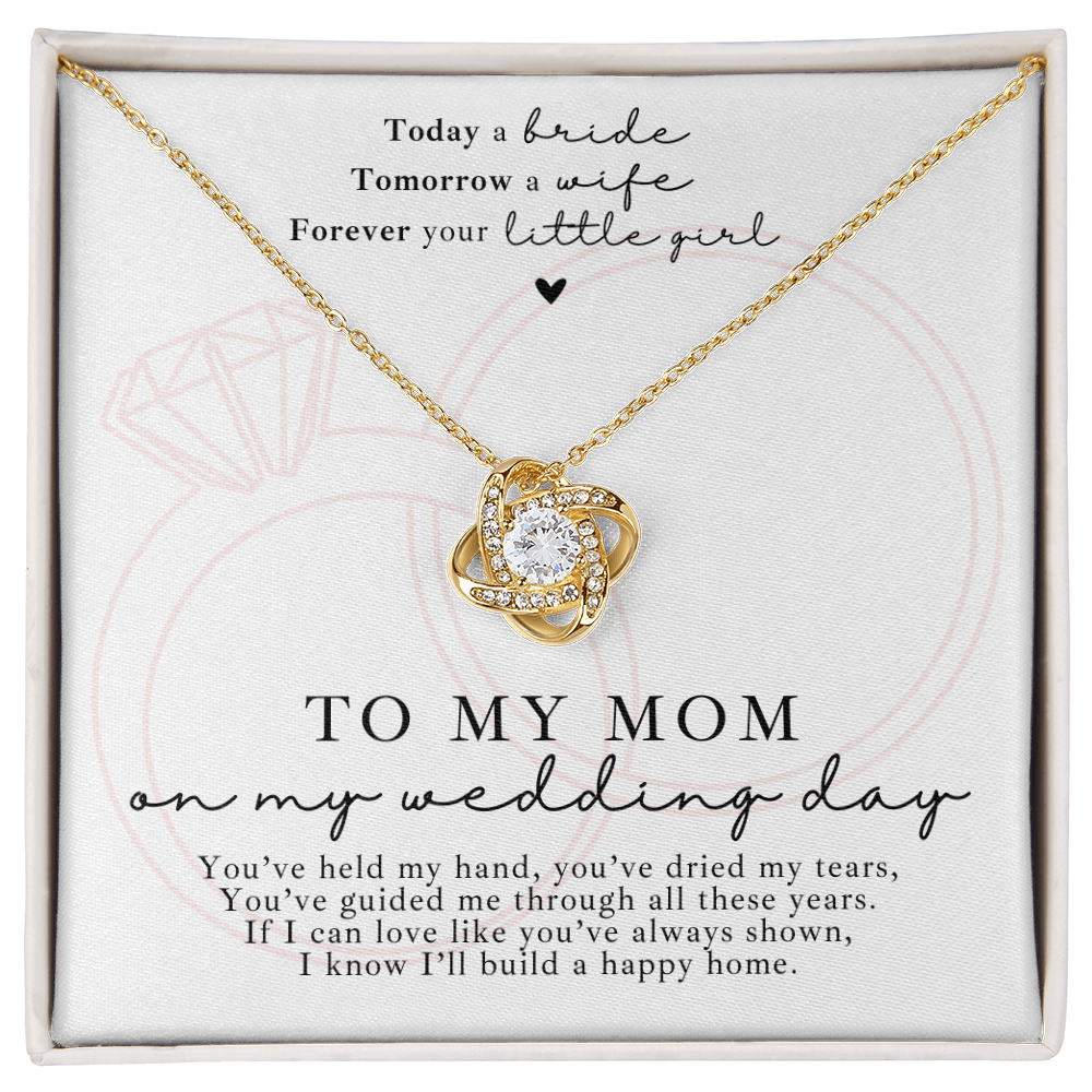 Gold love knot necklace to my mom on my wedding day, with a sweet message card. Perfect for the mother of the bride.