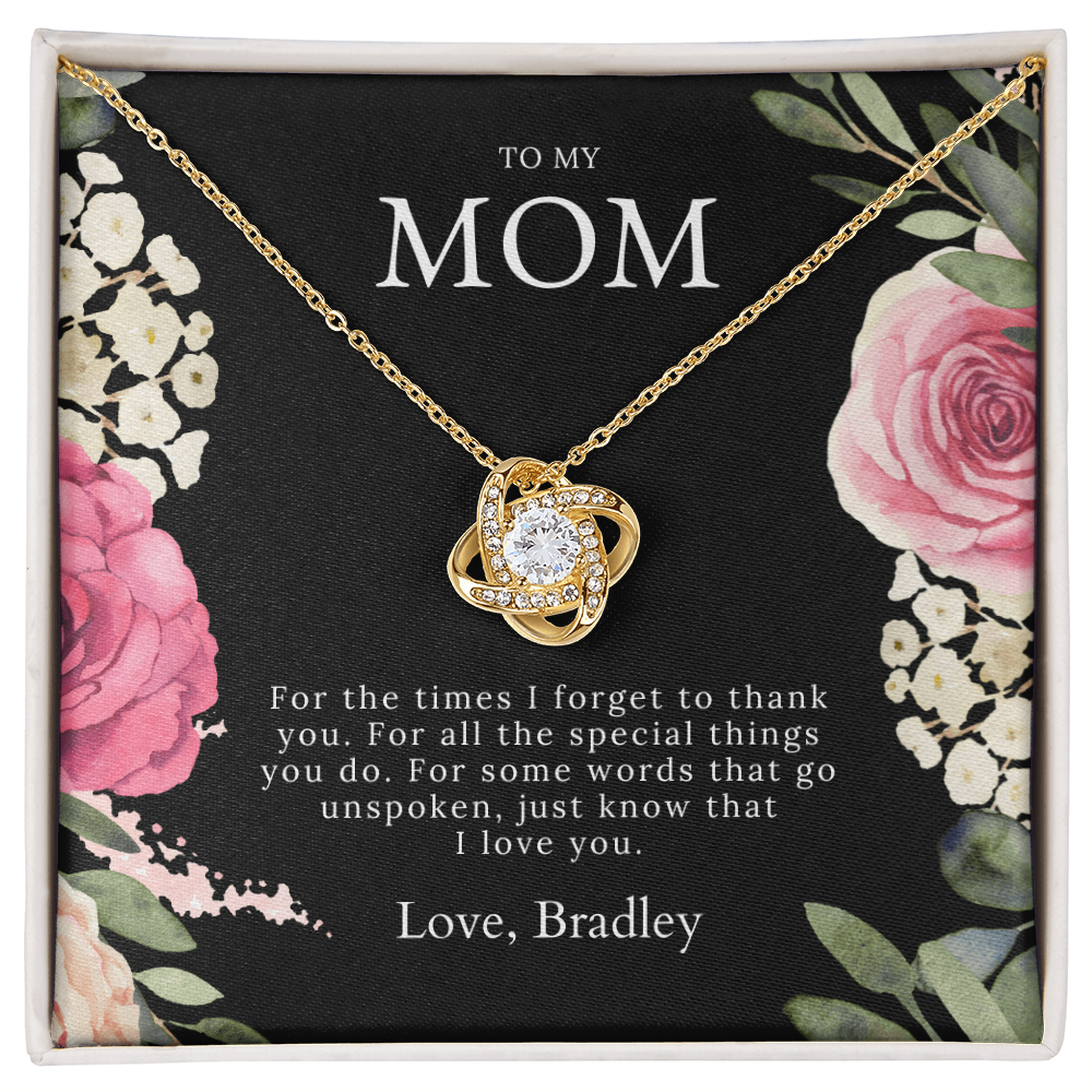 Beautiful gold love knot necklace gift to my mom with message card from son or daughter, with gift box for her birthday or mothers day.