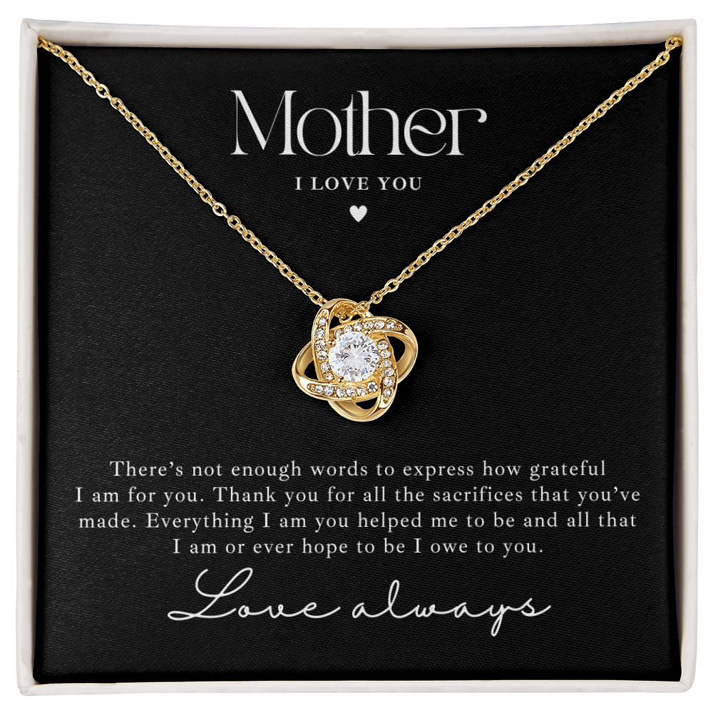 stunning gold love knot necklace ift for mom, with a beautiful message card from daughter or son.