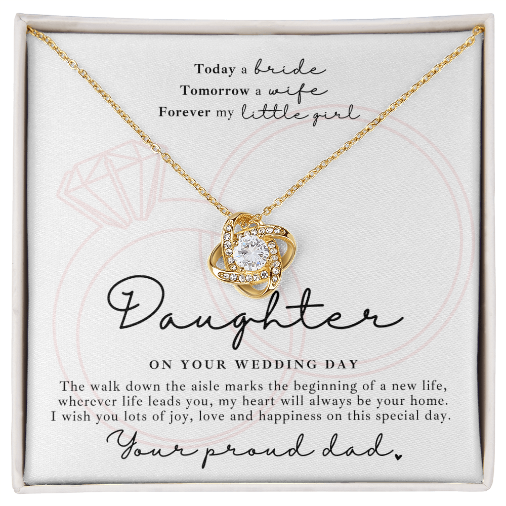 gold love knot necklace to my daughter from dad and a sentimental message for her wedding day gift