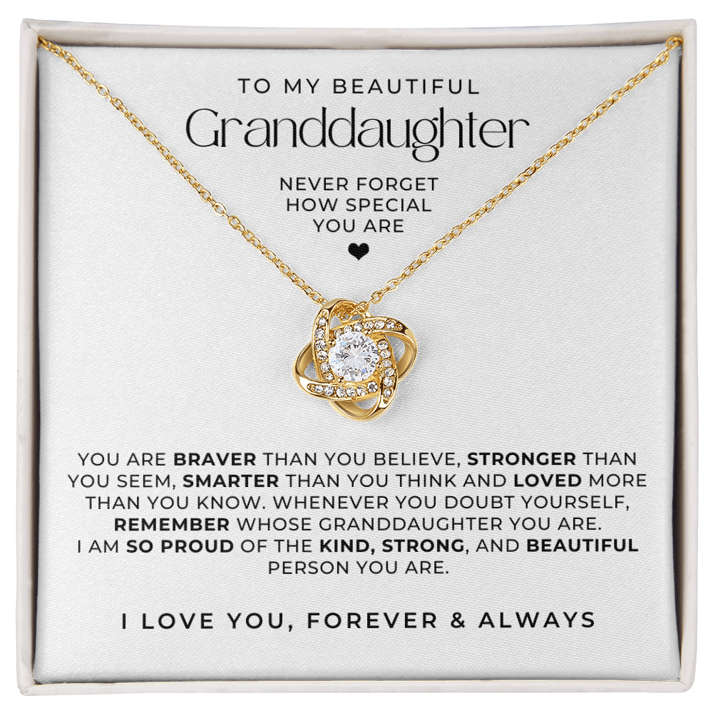 gold love knot necklace for granddaughters with sweet message card.