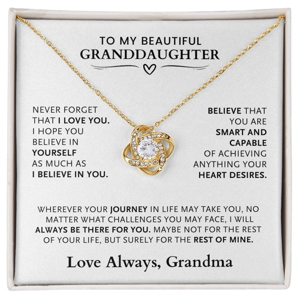 Gold love knot necklace gift to my beautiful granddaughter, with loving message card inside.