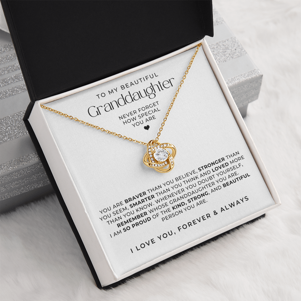 Gold necklace gift for granddaughter, with message card inside gift box perfect for birthday or graduation.