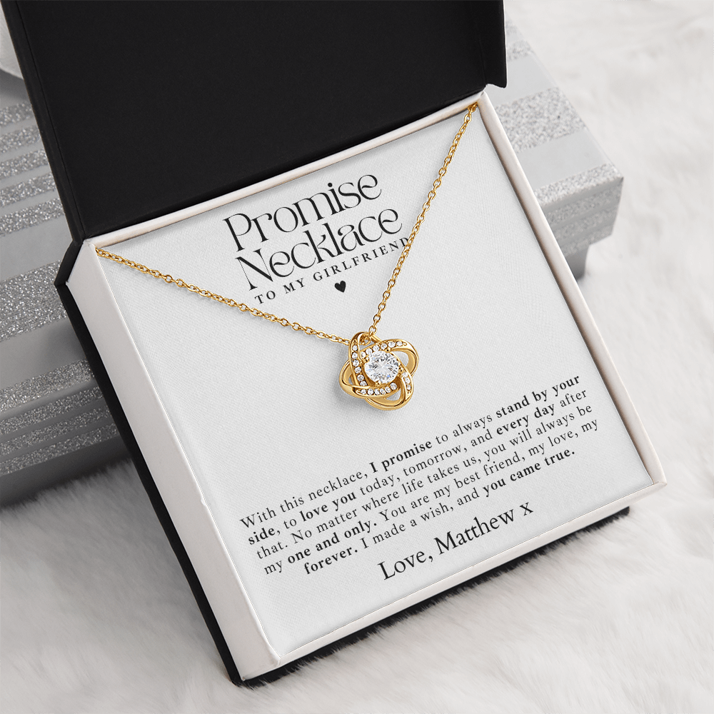 A beautiful gold promise necklace for girlfriend, featuring a delicate love knot pendant in a luxury gift box.