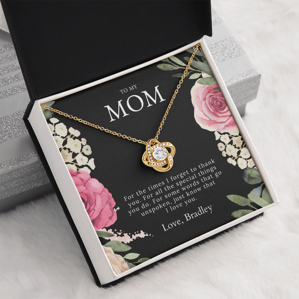 Beautiful gold love knot necklace gift to my mom with message card from son or daughter, with gift box for her birthday or mothers day.