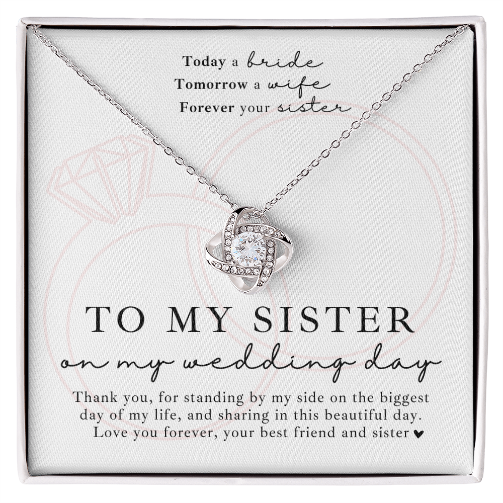 Love knot necklace gift for sister on wedding day with a heartfelt message card, perfect for showing appreciation and love.