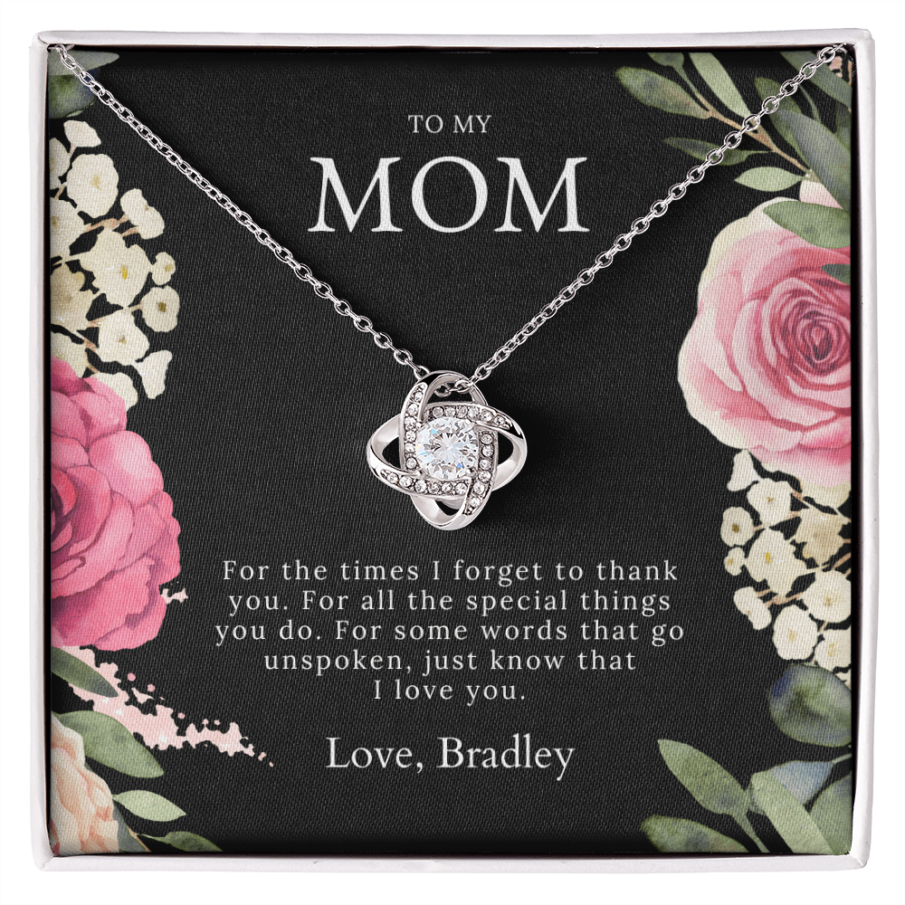 Beautiful white gold love knot necklace gift to my mom with message card from son or daughter, with gift box for her birthday or mothers day.