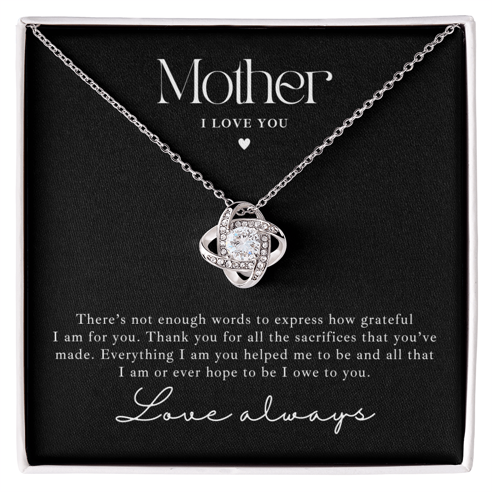 White gold love knot necklace gift for mothers. With a loving message card.