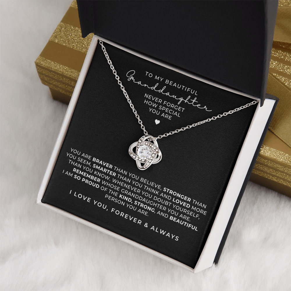 white gold love knot necklace gift with message card inside the box, perfect granddaughter necklace