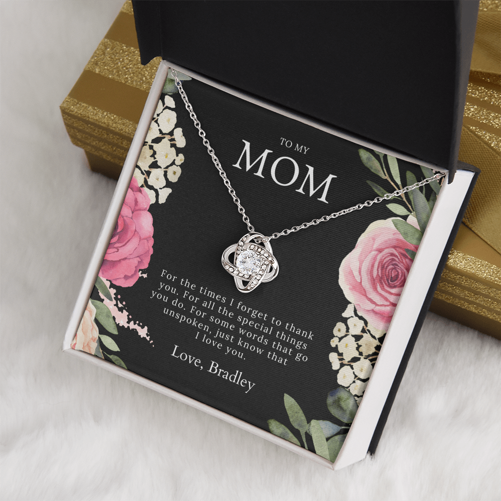 Beautiful white gold love knot necklace gift to my mom with message card from son or daughter, with gift box for her birthday or mothers day.