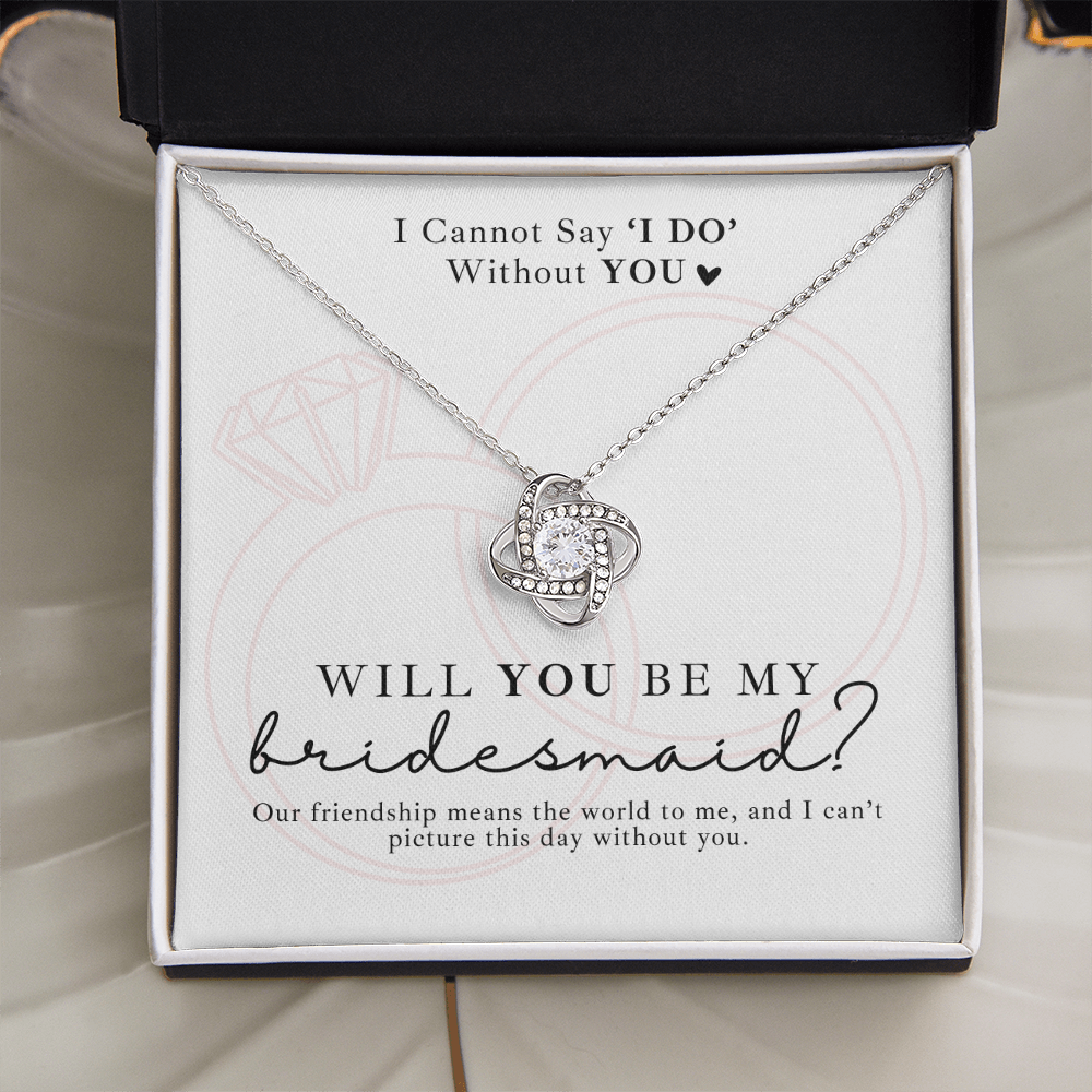 Stunning love knot necklace bridesmaid proposal gift for your wedding party. Meaningful way to ask will you be my bridesmaid