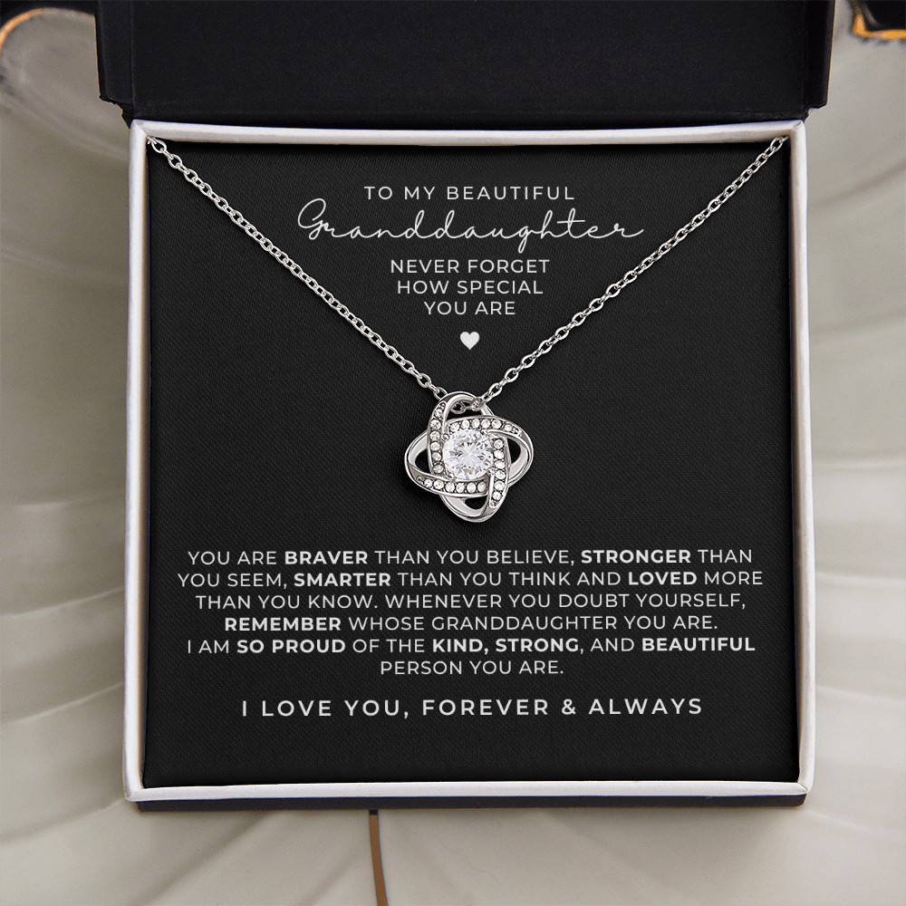 white gold love knot necklace from grandma or grandpa, a sweet  jewelry gift with message card that says to my beautiful granddaughter