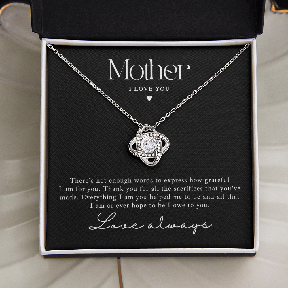 Beautiful love knot necklace gift for mom. With a message card that says i love you.