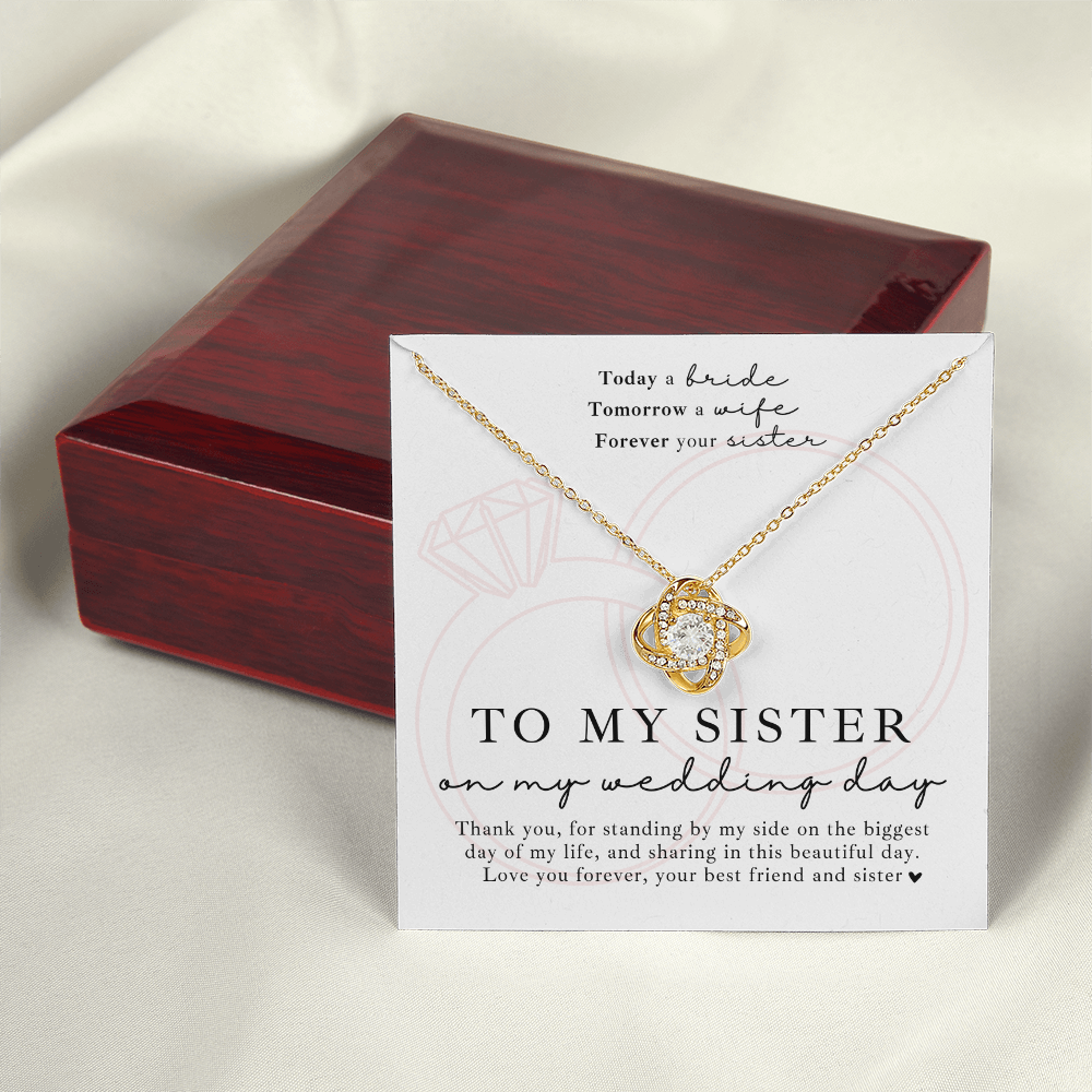 Love knot necklace gift for sister on wedding day with a heartfelt message card, perfect for showing appreciation and love.