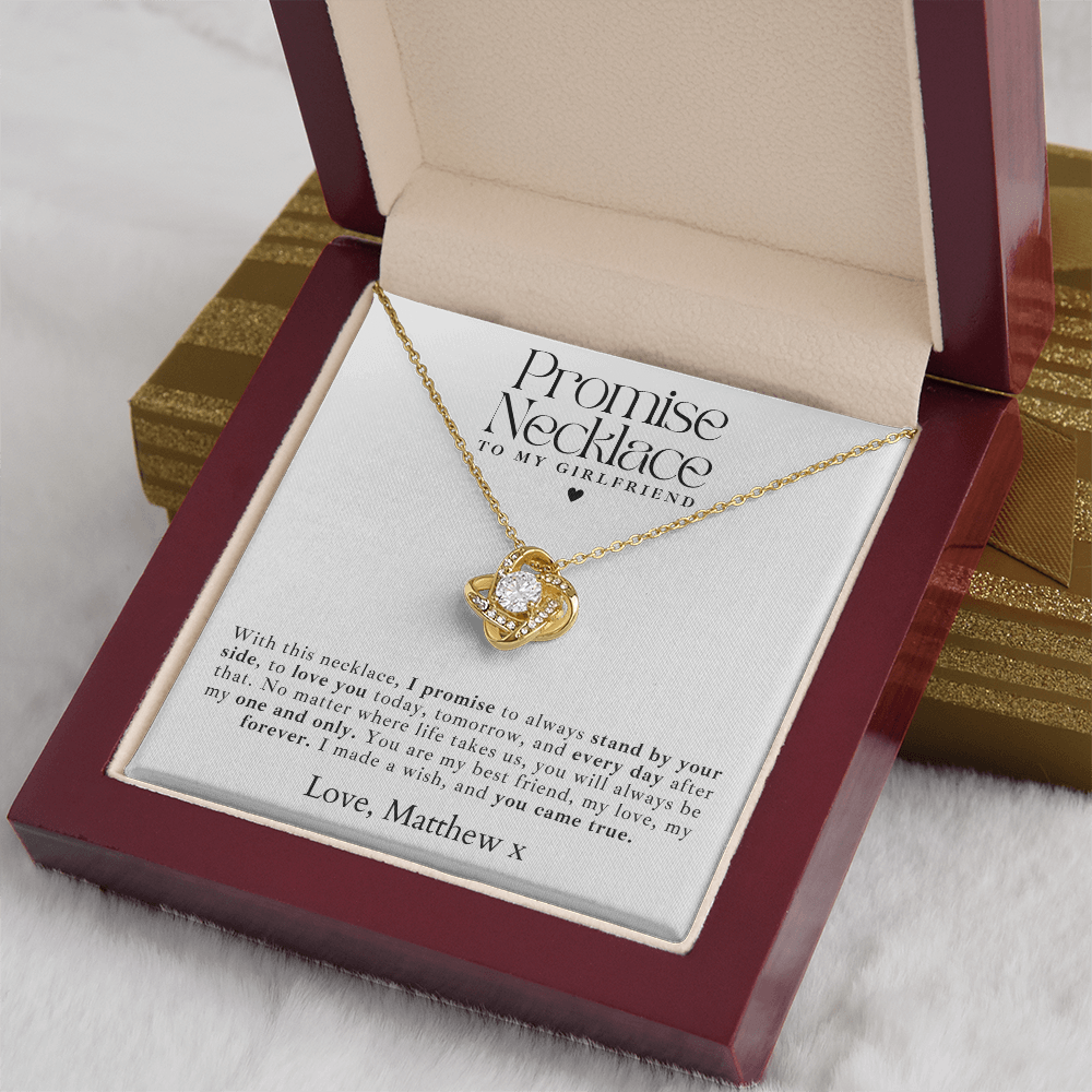 A beautiful gold promise necklace for girlfriend, featuring a delicate love knot pendant in a luxury gift box. A meaningful necklace for her.