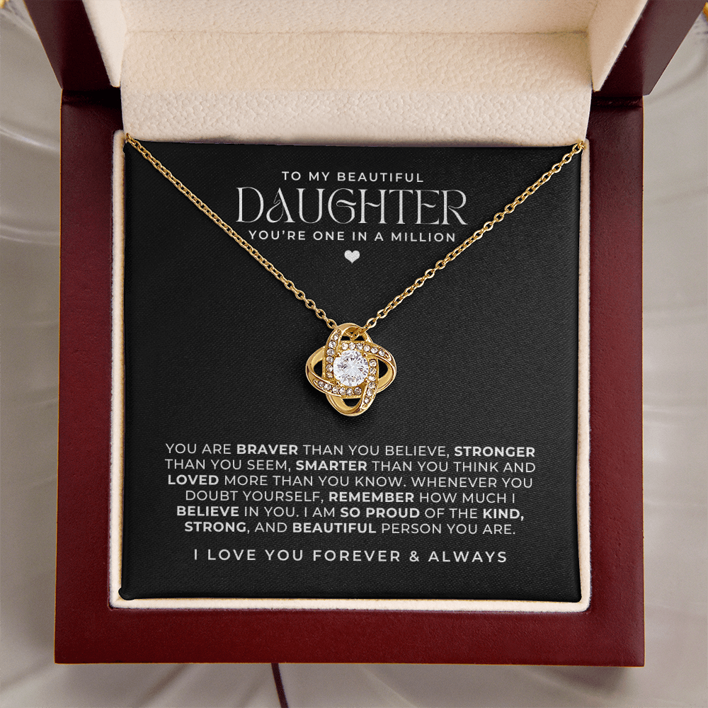 Beautiful Love knot necklace in a luxury lighted gift box with a loving message to my daughter