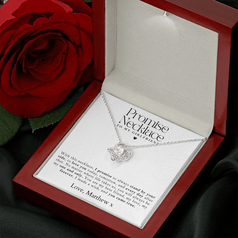 A beautiful personalized promise necklace for girlfriend, featuring a delicate love knot pendant in a luxury light up gift box.