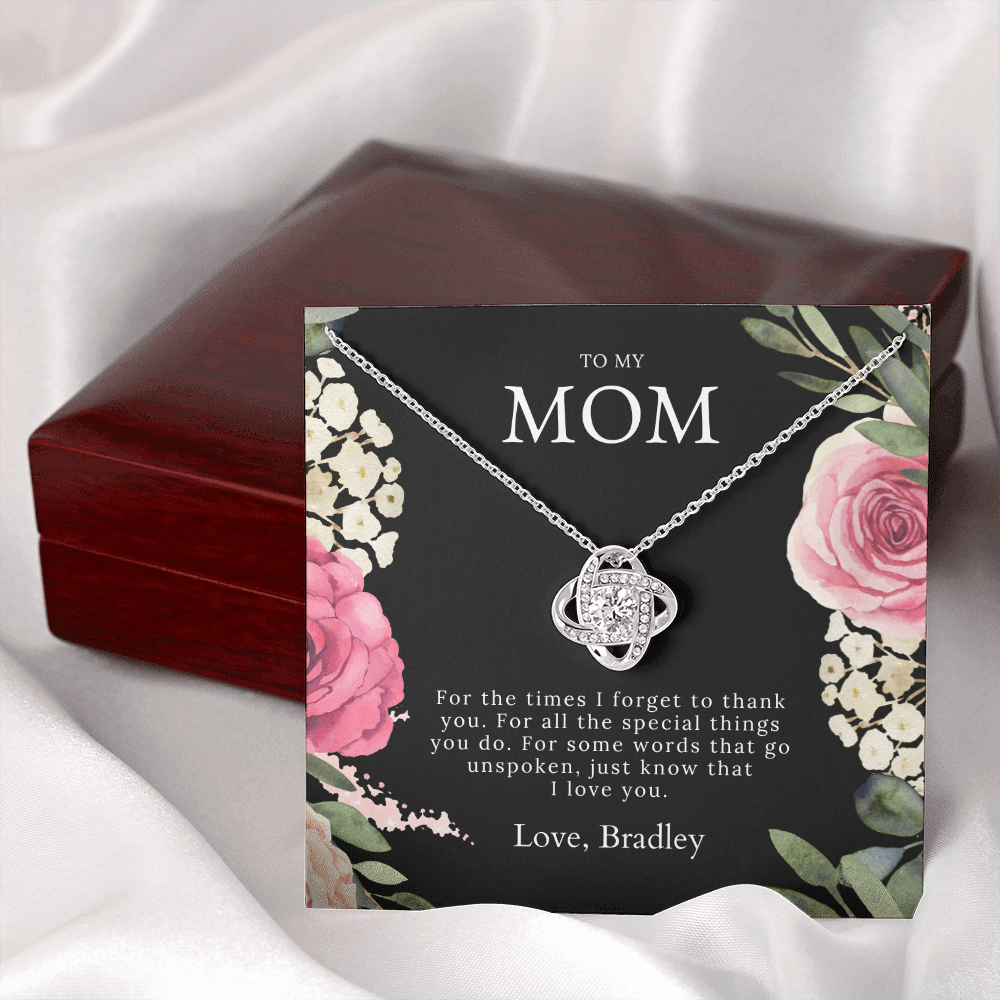 Beautiful white gold love knot necklace gift to my mom with message card from son or daughter, with luxury gift box for her birthday or mothers day.